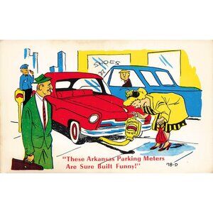 Postcard These Arkansas Parking Meters Are Sure Built Funny! Laff-O-Gram Chrome